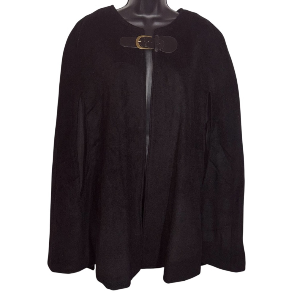 Vintage Wool Black Cape Faux Leather Buckle Closure Pockets Lined Women’s M\L